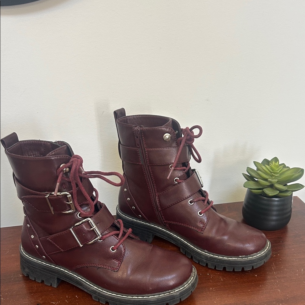 SO Burgundy Lace-Up Buckle Combat Boots